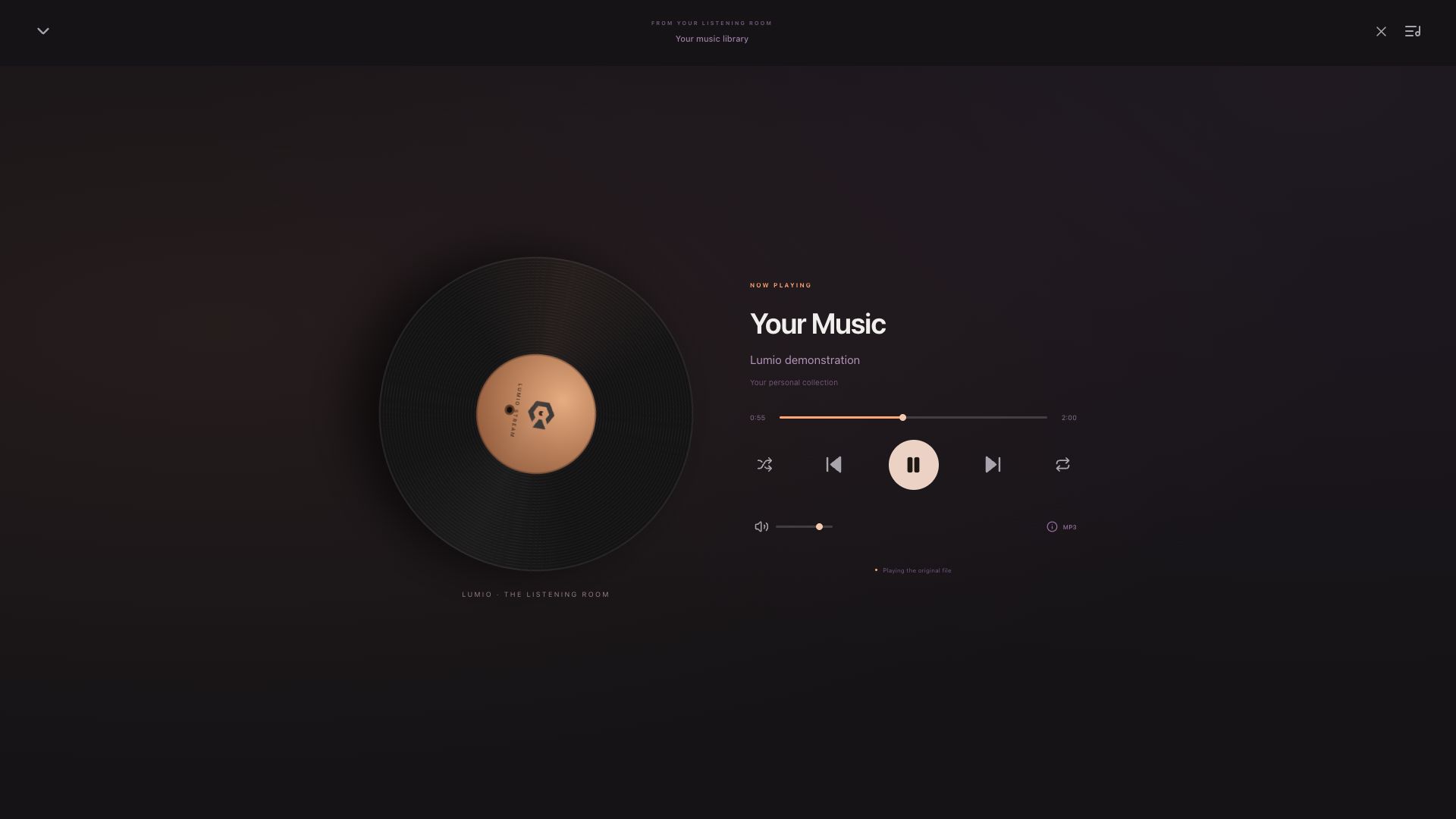 Actual Lumio Stream audio player showing Your Music with the branded Lumio disc.